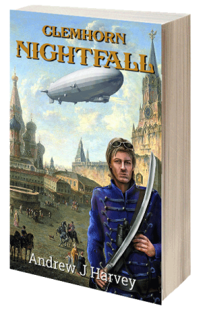 Cover of Nightfall - Donald Clemhorn in front of 18th century building and airship