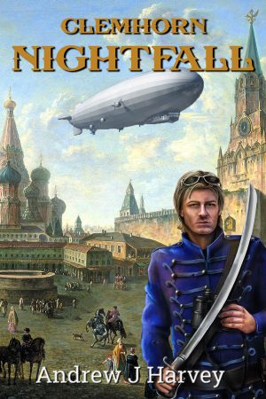 Cover of book - Donald Clemhorn in blue uniform and sword in front of airship