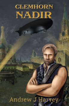 Book cover showing Conrad and airship in front of night scene